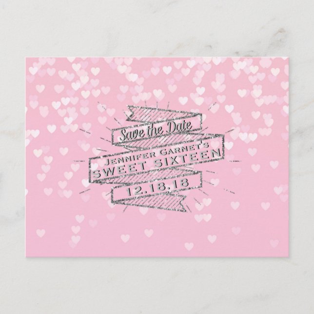 Elegant Pink Sweet 16 Birthday Save the Date Announcement Postcard (Front)