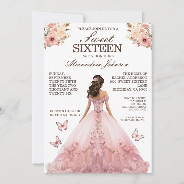 Elegant Pink Sweet 16 Fancy Dress Invitations (Front)
