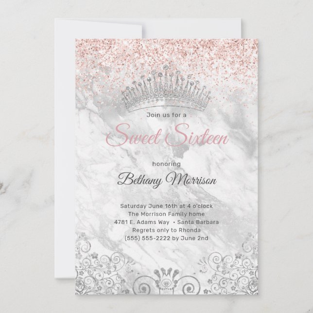 Elegant Pink Sweet Sixteen Tiara Glitter Party  Invitation (Front)