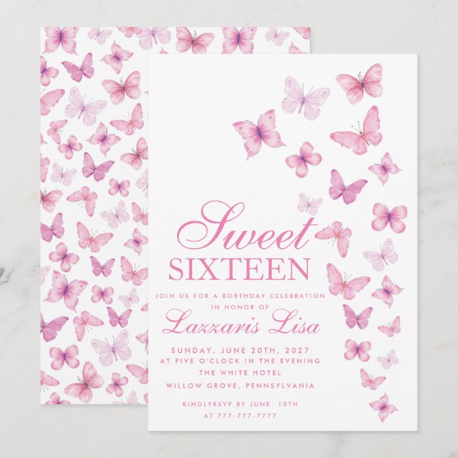 Elegant Pink Sweet  sixteent Butterflies Birthday Invitation (Front/Back)