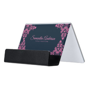 Elegant Pink Swirls Blue Background Desk Business Card Holder
