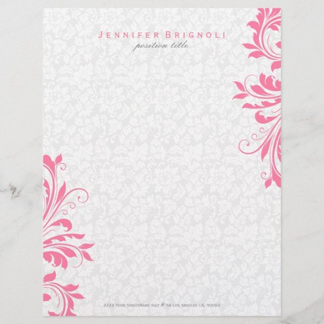 Elegant Pink Swirls On White Damasks Personalised Letterhead (Front)