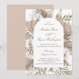 Elegant Pink & Tan Boho Pampas Floral Arch Wedding Invitation