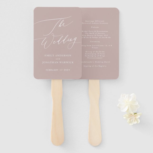 Elegant Pink Taupe Modern Calligraphy Wedding Hand Fan (Front and Back)