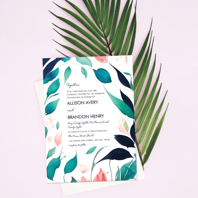 Elegant Pink Teal Blue Watercolor Leaves Wedding Invitation (Creator Uploaded)