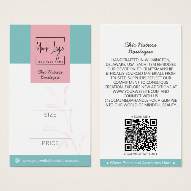 Elegant Pink & Teal Botanical Social QR Price Tag (Front & Back)