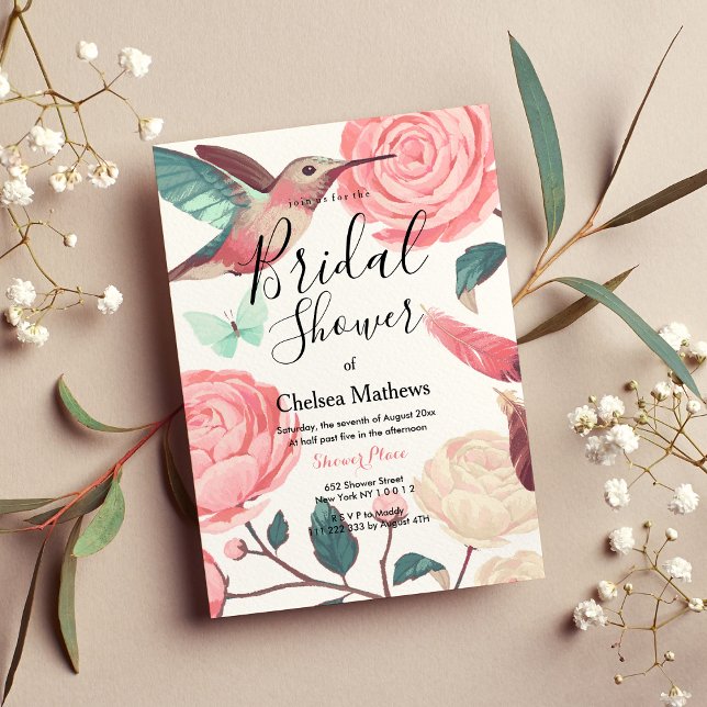 Elegant Pink Teal Hummingbird Floral Bridal Shower Invitation (Elegant Pink Teal Hummingbird Floral Bridal Shower)