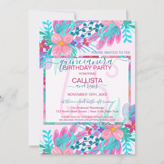 Elegant Pink Teal Painted Flowers Leaf Quinceañera Invitation (Front)