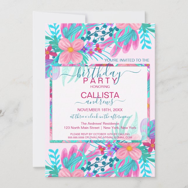 Elegant Pink Teal Painted Flowers Leaves Birthday Invitation (Front)