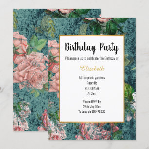 ELEGANT PINK TEAL ROSE FLORAL BIRTHDAY INVITATION