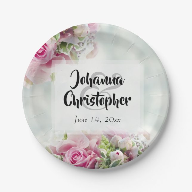 Elegant Pink & Teal Spring Floral Wedding Paper Plate (Front)