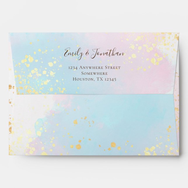 Elegant Pink Teal Watercolor Gold Confetti Wedding Envelope (Back (Top Flap))