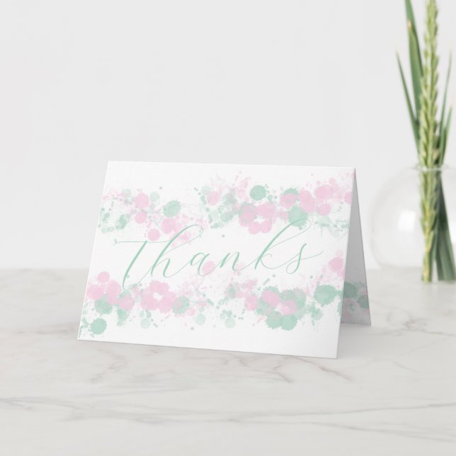 Elegant Pink & Teal Watercolor Spatter Script Thank You Card (Front)