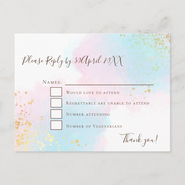 Elegant Pink Teal with Gold Confetti Wedding RSVP Postcard (Front)
