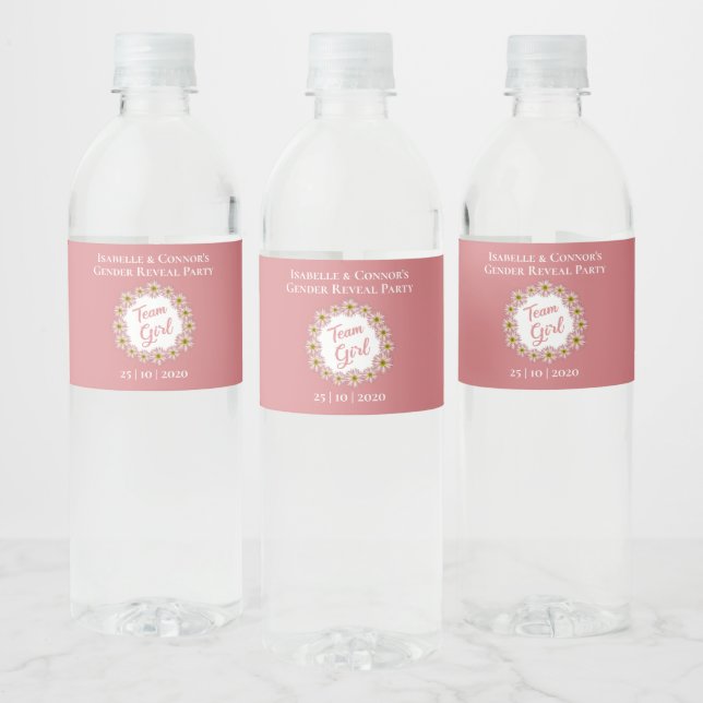 Elegant Pink Team Girl Floral Gender Reveal Party Water Bottle Label (Bottles)