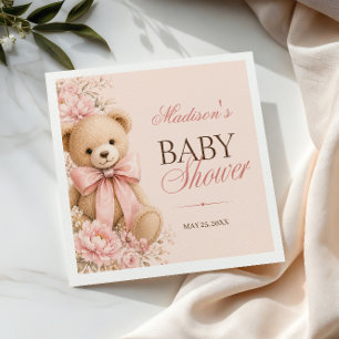 Elegant Pink Teddy Bear Baby Shower Napkins
