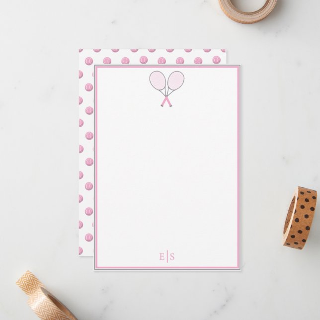 Elegant Pink Tennis Monogram Flat Note Card (Front/Back In Situ)