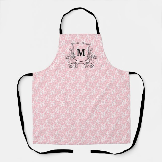Elegant Pink Tiny Rose Pattern Monogram  Apron (Front)