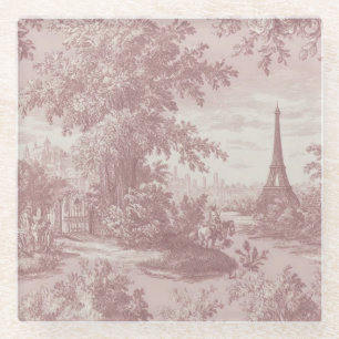 Elegant Pink Toile de Jouy French Country Scene Glass Coaster