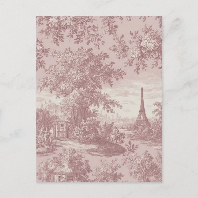 Elegant Pink Toile de Jouy French Country Scene  Postcard (Front)