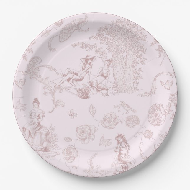 Elegant Pink Toile de Jouy Picnic Baby Shower Paper Plate (Front)