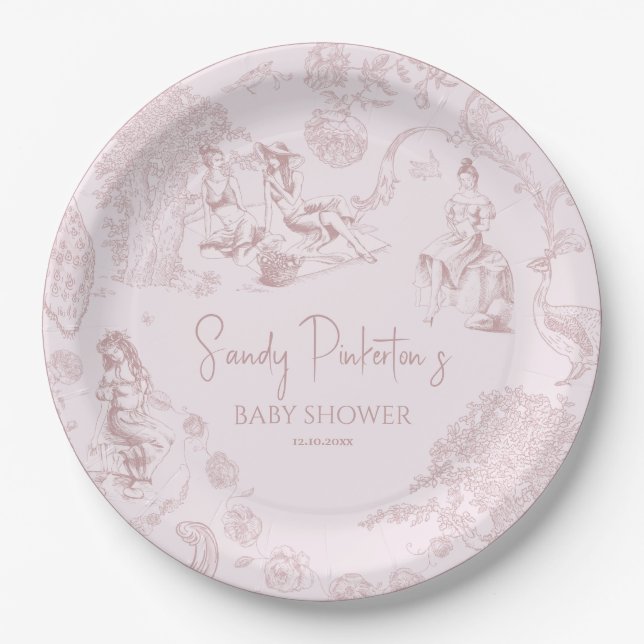 Elegant Pink Toile de Jouy Picnic Baby Shower Paper Plate (Front)