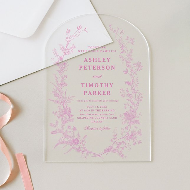 Elegant Pink Toile Floral Acrylic Wedding Acrylic Invitations (Creator Uploaded)