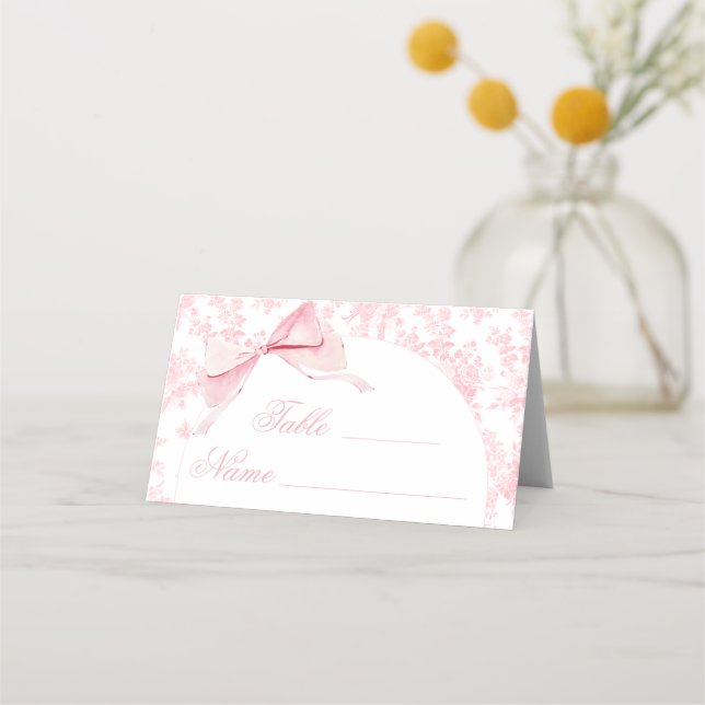 Elegant Pink Toile Floral Bow Table Numbers Tent Place Card (Front)
