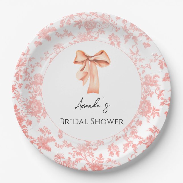 Elegant Pink Toile Floral Bridal Shower Brunch Paper Plate (Front)