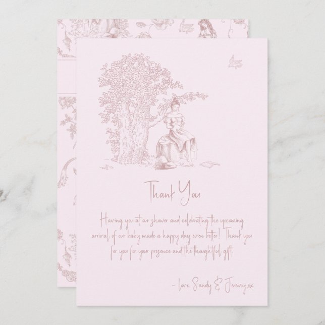 Elegant Pink Toile Jouy Baby Shower Book Request Thank You Card (Front/Back)