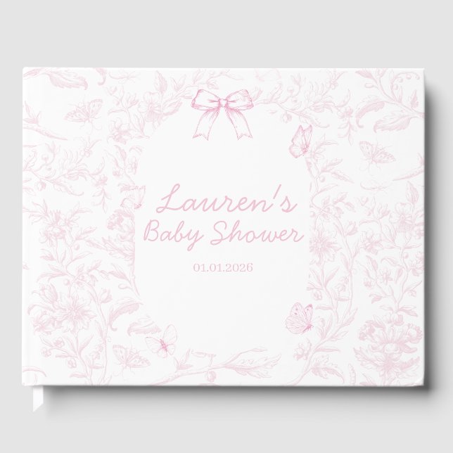 Elegant Pink Toile Print Girl Baby Shower Guest Book (Front)