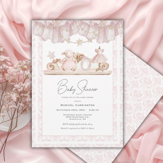 Elegant Pink Toile Vintage Whimsical Baby Shower Invitation (Creator Uploaded)