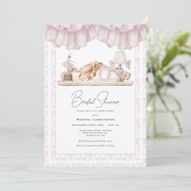 Elegant Pink Toile Vintage Whimsical Bridal Shower Invitation (Standing Front)