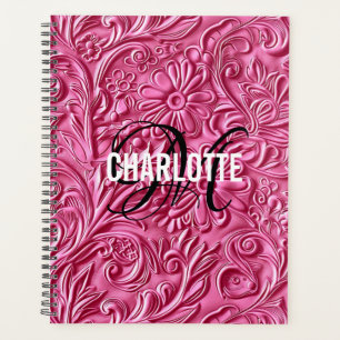 Elegant pink tooled leather script name planner