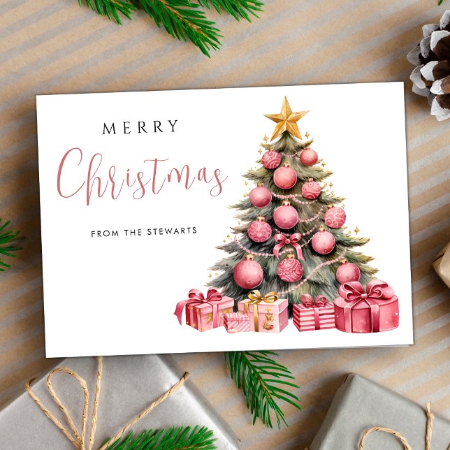 Elegant Pink Tree Modern Merry Christmas Holiday Card (Creator Uploaded)