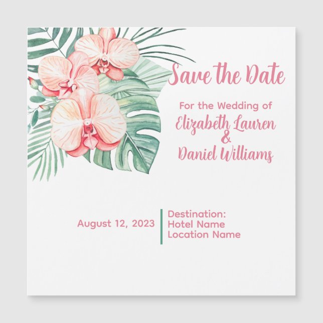 Elegant Pink Tropical Save the Date Magnetic Invitation (Front)
