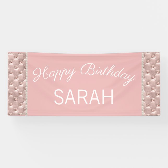 Elegant Pink Tufted Pearls Happy Birthday Banner (Horizontal)