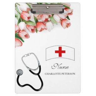 Elegant Pink Tulip Floral & Stethoscope Nurse  Clipboard