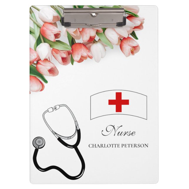 Elegant Pink Tulip Floral & Stethoscope Nurse  Clipboard (Front)