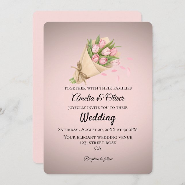 Elegant Pink Tulips Bouquet Wedding Invitation (Front/Back)