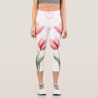 Elegant Pink Tulips Floral and Heart Mom Gift  Capri Leggings