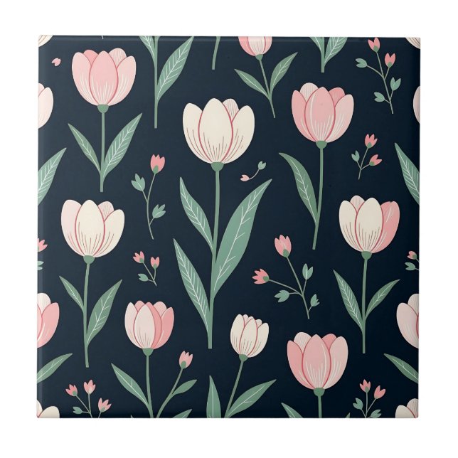 Elegant Pink Tulips Floral Seamless Pattern  Tile (Front)