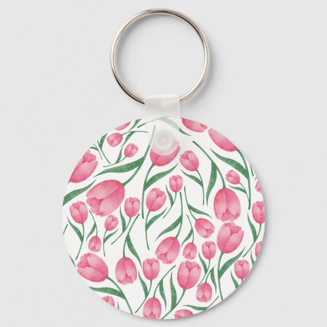 Elegant Pink tulips pattern floral Key Ring (Front)
