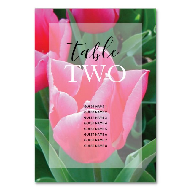Elegant Pink Tulips Wedding Guest Names Table Number (Back)