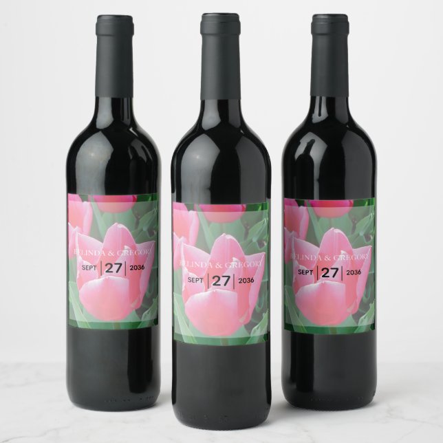 Elegant Pink Tulips Wedding Wine Label (Bottles)