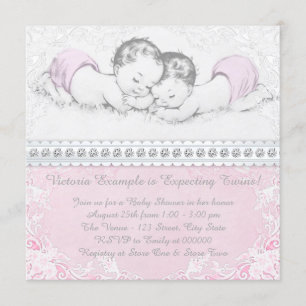 Elegant Pink Twin Girl Baby Shower Invitation