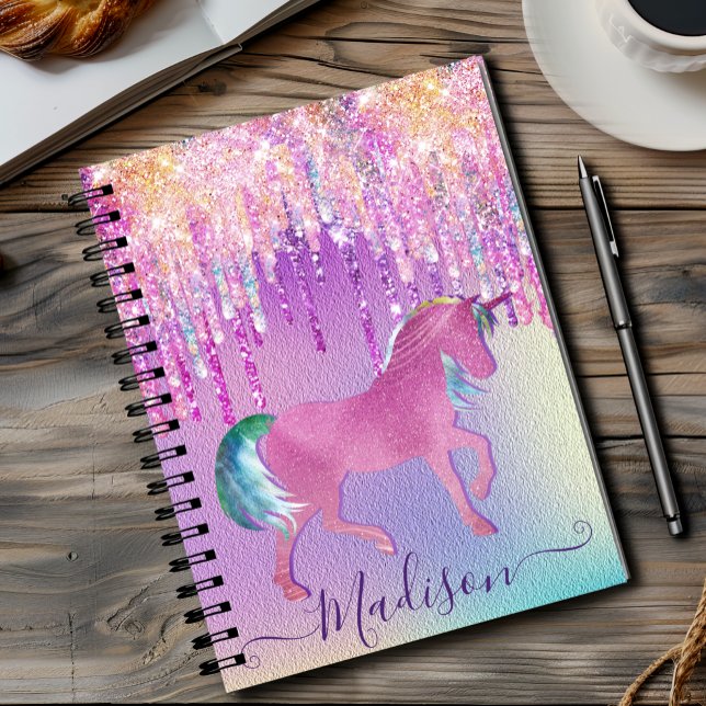Elegant pink unicorn dripping glitter monogram notebook (Creator Uploaded)