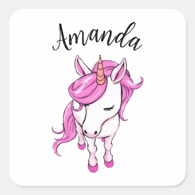 Elegant Pink Unicorn Girl Name Square Sticker (Front)