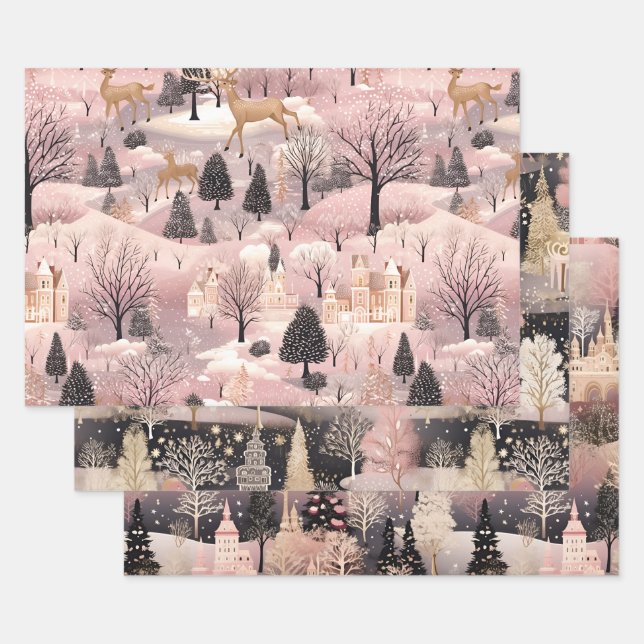 Elegant Pink Village Wrapping Paper Sheet (Set)