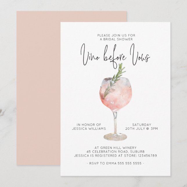 Elegant Pink Vino Before Vows Bridal Shower Invitation (Front/Back)